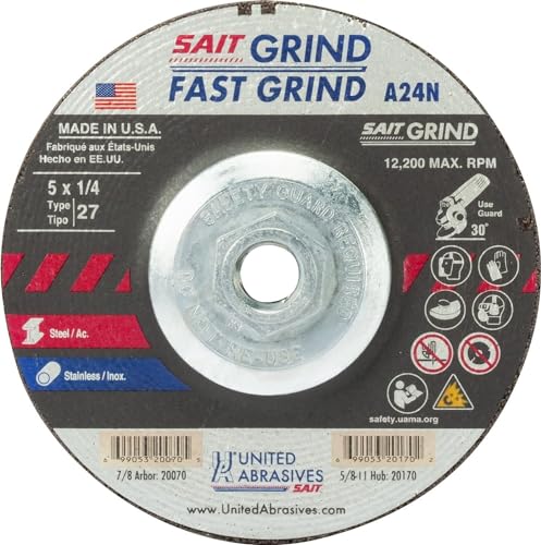United Abrasives SAIT 20170 5x1/4x5/8-11 A24N Fast Grinding Metal/Stainless Super Lock Hub Grinding Wheels, 10 Pack