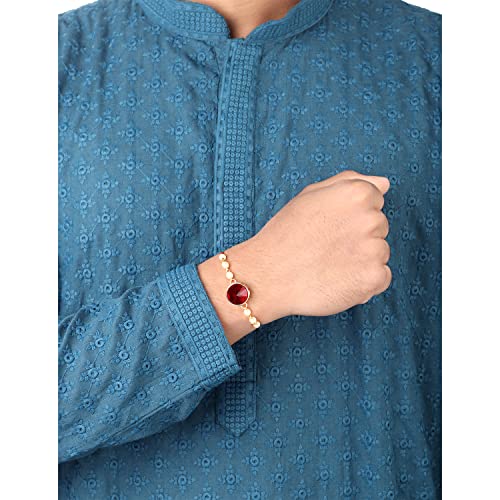 Image of Peora Rakhshabandhan Thread Rakhi for Brother Bhaiya | Kundan Beads & Crystal Studded | Combo Set of 2 | Rakhi Hamper Roli Chawal & Greeting Card