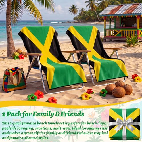 Image of Breling 2 Pack Jamaica Flag Beach Towel Oversized Lightweight Beach Towels 71 x 32 in for Women Men Quick Dry Sand Free Bath Towels for Jamaica Independence Day Beachs Pool Party Supplies