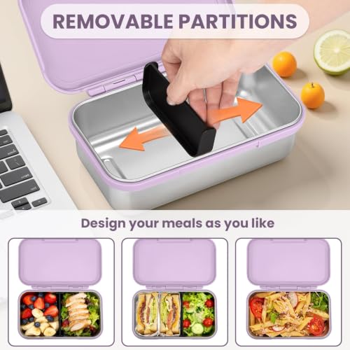 Image of JSLOVE Stainless Steel Lunch Bento Box for Adult, 30oz Leak-Proof Lunch Container, Stainless Metal Kid Bento Box with Adjustable Divider, Sauce Container, Microwave, Dishwasher & Freezer Safe(Purple)