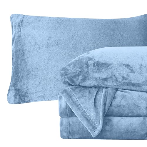 Elegant Comfort Luxuriously Soft 4-Piece Velvet Plush Flannel Sheet Set - Premium Quality - Cozy Warm, Anti-Static, Non Pilling Fuzzy Velvet Flannel Fleece Deep Pocket Sheet Set - Queen, Denim Blue