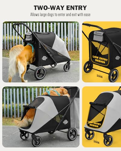Image of Dog Stroller for Large & Medium Dogs, 4 Wheels Pet Stroller for Large Dogs up to 120lbs, Extra Large Dog Stroller with Foldable Design, Sun Shades, Storage Pocket, Breathable Mesh