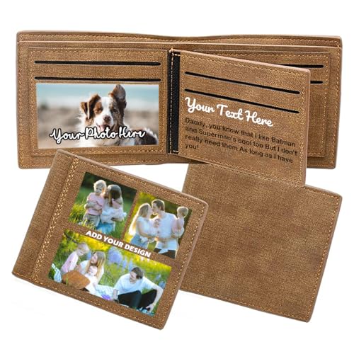 Personalized Wallet for Men, Custom Leather RFID Blocking Bifold Picture Wallet, Add Your Own Photo Collage Text Name Logo, Birthday Gifts for Men, Customized Wallet for Son, Husband, Boyfriend, Brown
