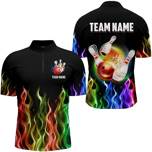 Rainbow Flame Bowling Jersey Men & Women Personalized Bowling Team Jersey Bowling Polo & Quarter-Zip Shirt