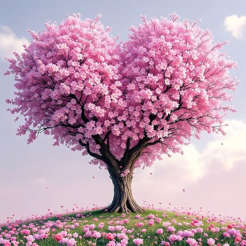 Image of AiYuanzsh 5D Diamond Painting Kits for Adults, Heart Flower Tree Diamond Art Kits for Beginners, Love Cherry Blossom Tree DIY Full Drill Diamond Dot Gem Painting for Home Wall Decor 13.8x13.8inch