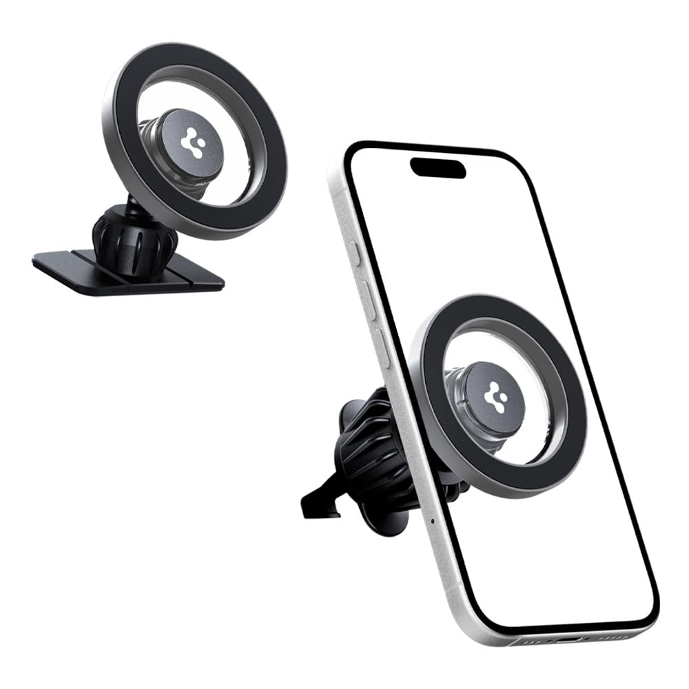 Spigen Magnetic Air Vent Car Mobile Holder, Super Strong Magnet, (Magnetic Ring & Extra Mini Dashboard Mount Included) for iPhone 17/16/15/14/13/12, Samsung Galaxy Series & More (MFT13) - Silver
