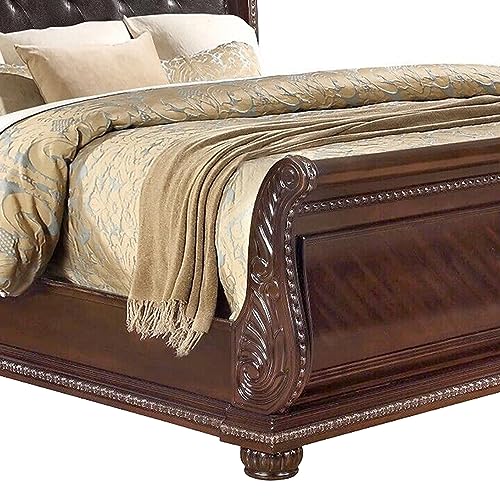 Benjara-Mano-Queen-Bed-Faux-Leather-Upholstery-Classic-Floral-Carved-Wood-Brown-Gray Benjara Mano Queen Bed Faux Leather Upholstery Classic Floral Carved Wood Brown Gray