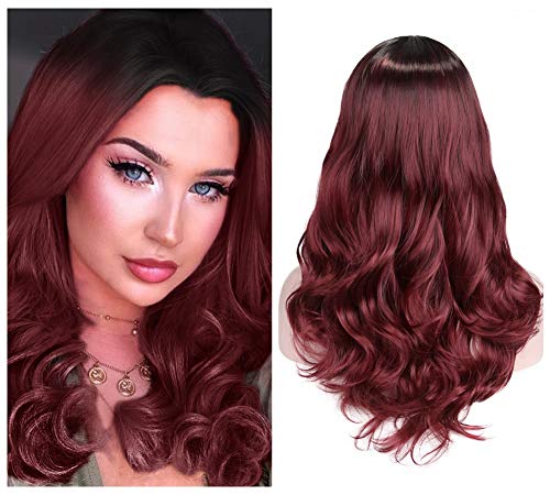 Quantum Love Wigs Ombre Wig Black to Red Middle Part Long Wavy Wig Heat Resistant Synthetic Daily Party Wig for Women