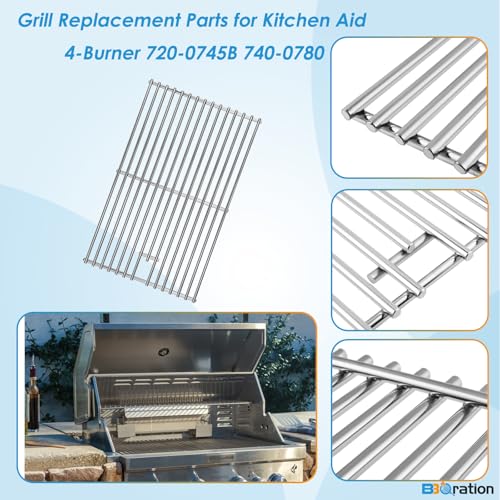 Image of Replacement Kit for Kitchen Aid 720-0745B 740-0780 860-0012 720-0745 720-0745A, 7MM Solid Stainless Steel Cooking Grates, Burners and Heat Plates for Kitchenaid Grill Replacement Parts