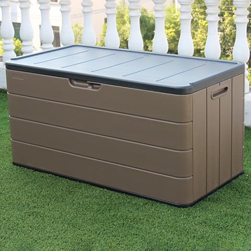 Caja de almacenamiento de plástico con tapa con cerradura, ideal para almacenamiento de cojines de patio, jardín, piscina y balcón, capacidad de carga de 150 kg