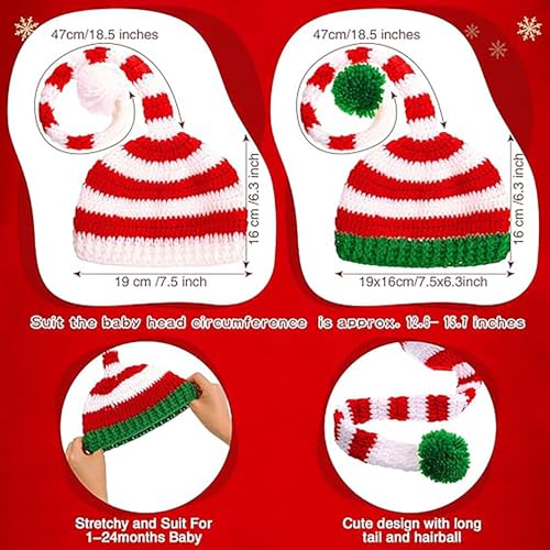 2 Pieces Baby Christmas Long Tail Hat Pom Knitted Crochet Christmas Tree Beanie with Pom Winter Warm Santa Hat for Newborn Baby Photography Photo Props2