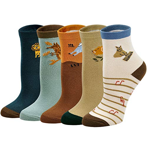 PUTUO Calcetines Niño Divertidos de Algodón: Calcetín Térmicos Invierno Infantiles Calcetines Animales Cortos 8-10 años 5 pares