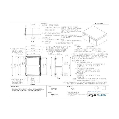 BUD Industries NBB-15253 Style B Plastic Outdoor NEMA Box with Solid Door 19.17 L x 14.64 W, Gray