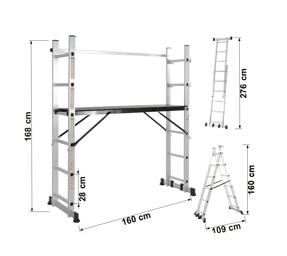 TREPPE 3 en 1 Andamio de Aluminio Multipropósito, Plataforma de Trabajo y Escalera Combinación con 6 Peldaños, Ruedas, 4 trabas, Carga máxima 150kg