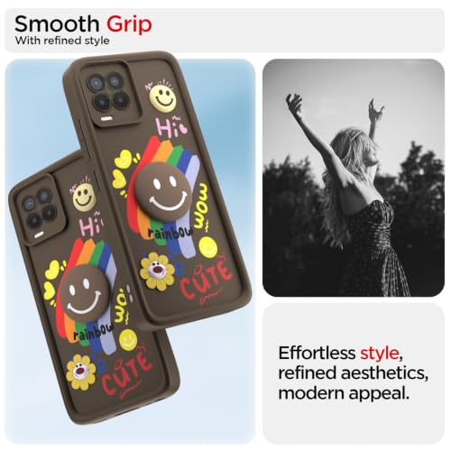 Image of Pikkme Back Cover for Realme 8 4G / 8 Pro | Soft Silicone| Cute Rainbow Smile & 3D Cartoon Flower Design | Shockproof Raised Camera Protection Bumper Case (Brown)