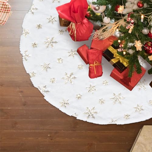 Yuning Falda para Arbol de Navidad,Cubre Pie Arbol de Navidad Blanca Falda Arbol Navidad,Alfombra Arbol de Navidad Tapete Arbol Navidad con Lentejuelas de Copo de Nieve (90CM, Oro)