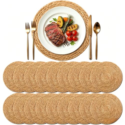 Image of 13.8 Inch Round Woven Placemats Set of 18, Rattan Chargers for Dinner Plates, Rattan Wicker Table Mats Jute Braided, Boho Farmhouse Rustic Braided Place Mats for Kitchen Dining Party Decor