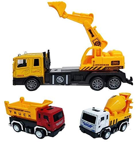 Funrally Die Cast Metal Construction Trucks Set with Light and Music - Pull Back Function Toy for Kids