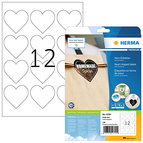 HERMA 10791 Etiquetas de corazón, 10 hojas, diámetro 60 mm, 12 por hoja A4, 120 pegatinas, autoadhesivas, imprimibles, mate, etiquetas adhesivas en blanco en forma de corazón de papel, color blanco