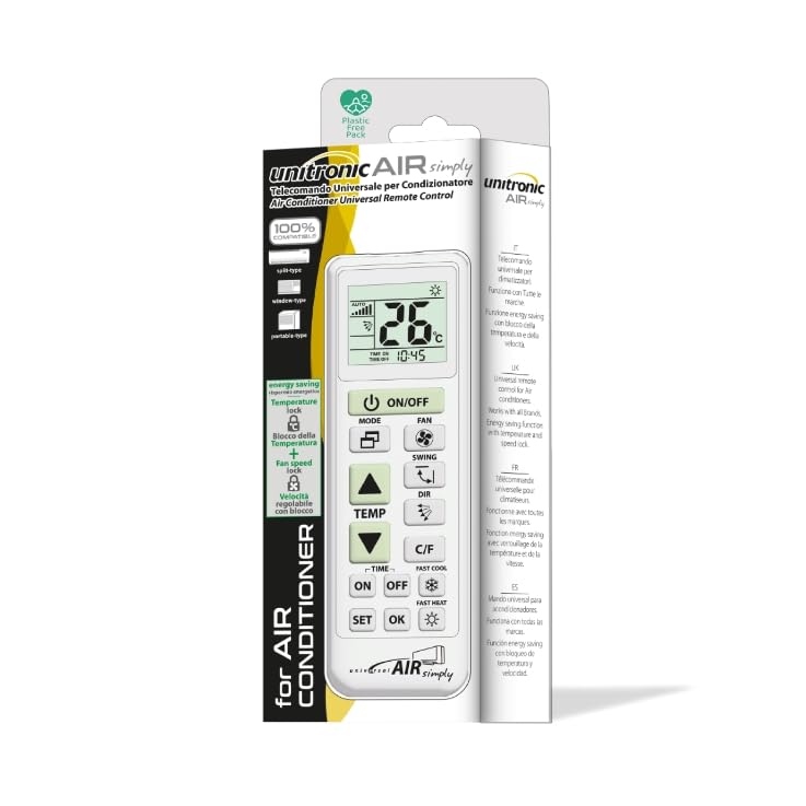 Unitronic Air Simply Universal-Fernbedienung für Klimaanlagen, große Tasten, automatische Suche nach 4000 Codes, Wandhalterung