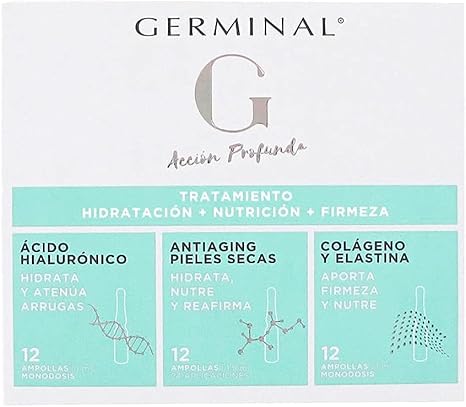Germinal Acción Profunda 3 en 1 - Tratamiento Hidratación, Nutrición y Firmeza, con Ácido Hialurónico, Colágeno, Elastina, Aceite de Rosa Mosqueta y Vitamina E - 36 ampollas