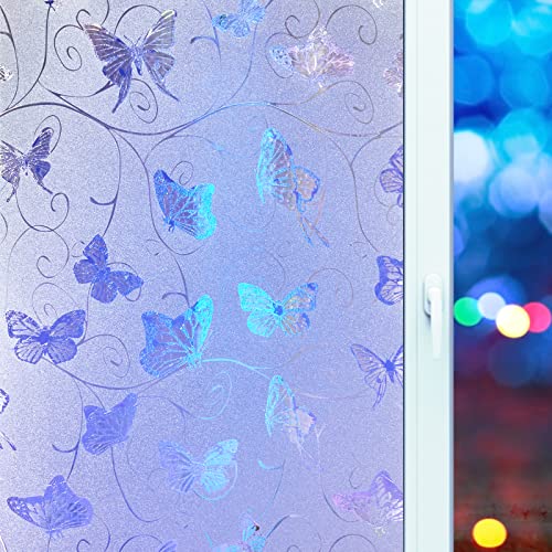 ColorfulHall Butterfly Frosted Glass Window Film Window Privacy Film,Bathroom Decor Privacy Window Film Day and Night Static Cling 90% UV Heat Blocking Window Clings(17.5X78.7 inch)