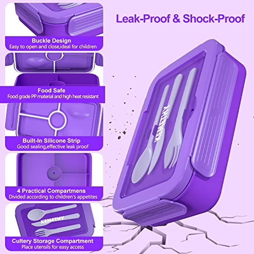 Kemethy Bento Lunch Box For Kids, 4 Compartment Lunch Box Kids, Leak Proof Lunchbox With Tableware For Kids Lunch Boxes For School, Microwave/Dishwasher/Freezer Safe, Bpa-Free And Reusable, Purple #TOP3