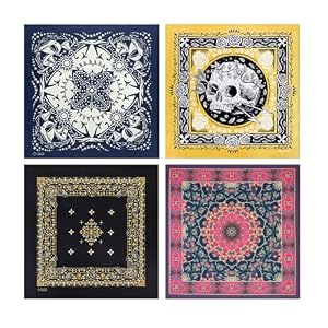 Bycc Bynn Vintage Graphic Print Bandana, 100% Cotton – 4-Pack 22×22 inches | Unique vintage prints; fade-proof colors; soft pure cotton, breathable; hemmed edges; versatile for headband, scarf, wrap.