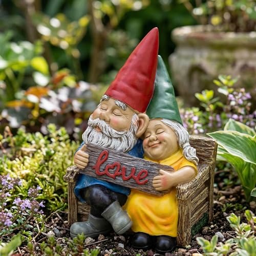 Zwergen Paar Gartenfigur liebevolles Gnom Paar auf Bank Love Gartenzwerge Figur für Außen Wetterfeste Dekoration für Garten Hof Rasen Terrasse & Balkon Romantische Skulptur Frauen Geschenk