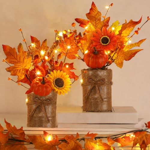 [2-Style & Light Timer] 2 Pack 13 Inch Fall Decor Table Centerpiece with Lights 20LED Maple Arrangement Potted Pumpkin Sunflower in Burlap Fall Decorations for Home Kitchen Office Autumn Thanksgiving