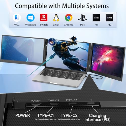 Image of 14.2 inch Triple Laptop Screen Extender, Ultra-Thin FHD 1080P IPS Portable Monitor for Laptop, Aluminum Alloy Tri-Screen Travel Monitor, Plug & Play for Windows /Mac /Chrome, Fits 13 inch-17.3 inch Laptops