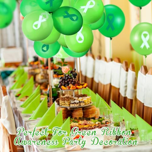 Image of Hungdao 100 Pcs Mental Health Awareness Balloon Decoration Green Ribbon Balloons Mental Health Awareness Items for Public Charity Fundraiser Party Supplies
