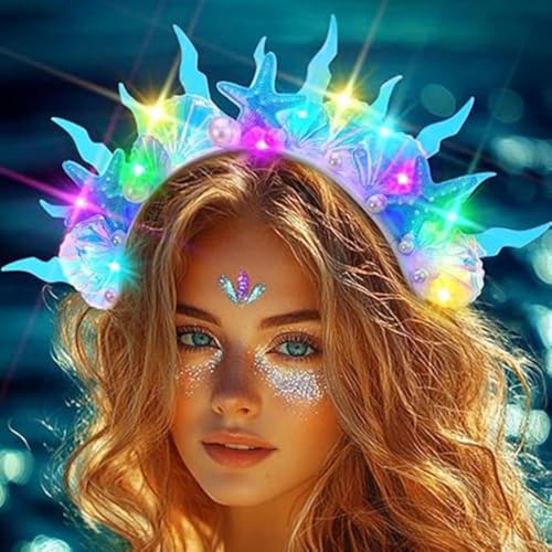 Evlry Diadema LED para disfraz de sirena, con concha luminosa, para cosplay, Halloween, accesorio para el pelo para mujer (azul)