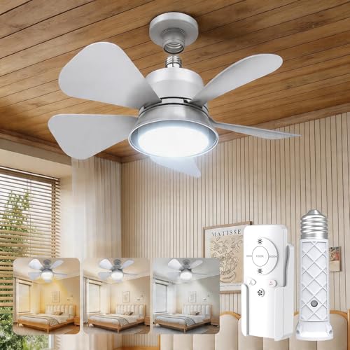 MOTCTQVD Socket Fan Light with Remote 3 Colors Small Ceiling Fan with Light 5 Dimmable Levels and 1000LM LED Easy E26/E27 Installation for Bedroom Garage Kitchen Living Room