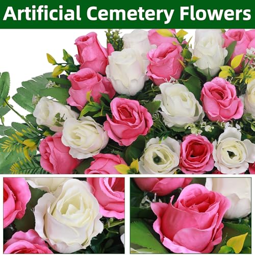 Lodou Artificial Cemetery Flower Saddles, Rose Headstone Flower Saddle Outdoor Grave Decorations,Cemetery Memorial Flowers with Vase for Grave Tombstone Decorations (Pink and White image 5