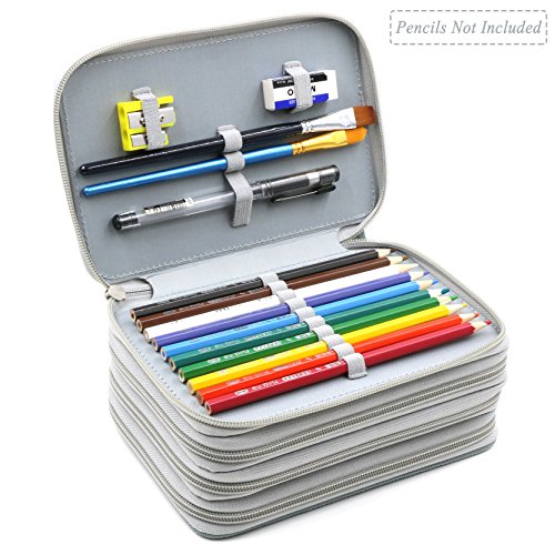 Image of YOUSHARES Oxford Fabric Handy Multi-layer Zipper Pencil Case with 72 Holders and Strap, Gray