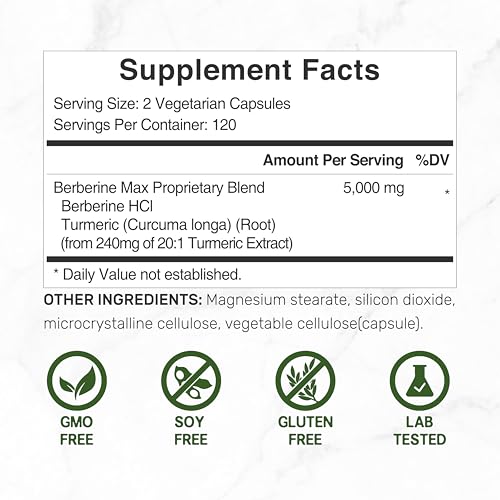 Berberine Max Supplement with Turmeric, 5,000mg Per Serving, 240 Veggie Capsules – 97% Pure Berberine HCL – 25:1 Berberine Root Extract – Vegetarian Friendly, Non-GMO - Image 3