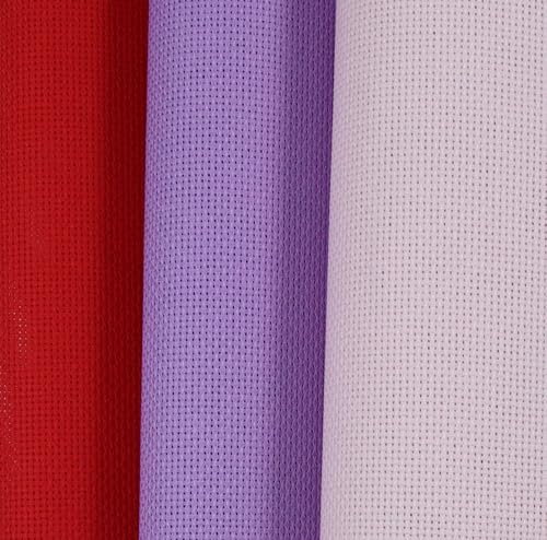 Image of KCS 3 pc of 15 inch x 18 inch(38cmx45cm) Counted Cross Stitch Cotton Aida Cloth Needlework Rolled Fabric Box,18CT,Lavender+Pink+Red