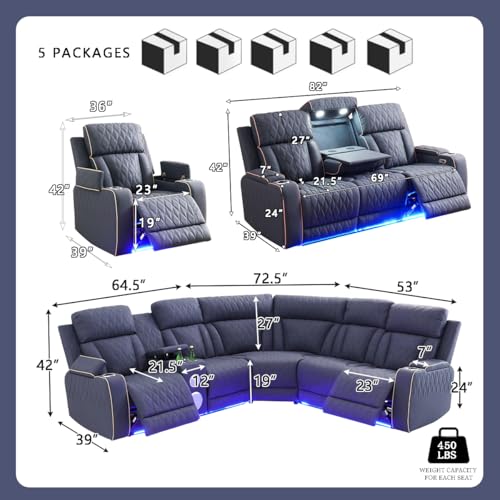 Image of Living Room Furniture Sets with Bass Speakers, Power Sectional Recliner Sofa and Chair Set, Sanded Leather Electric Reclining Sofa with 5 Recliner Seats /Cup Holders /LED Light for Living Room