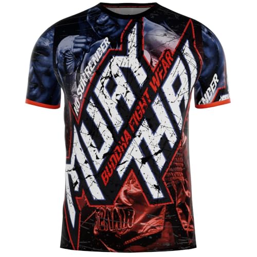 Buddha Fight Wear Maglia Muay Thai, Boxe, MMA, Kick Boxing Dry Fit Top Manica Corta Unisex, multicolore, L