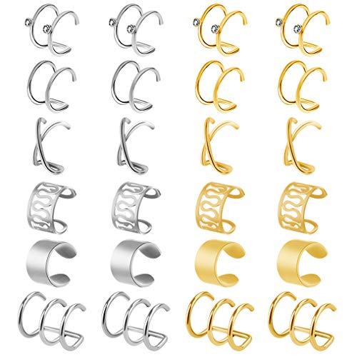 obmwang 12 Pairs Stainless Steel Ear Cuff Helix Cartilage Clip on Earrings Non Piercing Earrings for Women Girls Supplies, 6 Styles