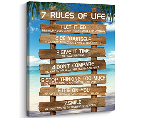 Kas Home Inspirational Wall Art - 7 Rules of Life Motivational Canvas Wall Decor Beach Positive Quotes Living Room Rustic Framed Art Gift for Bedroom Bathroom (12 x 15 inch, Brown - 7 Rules)