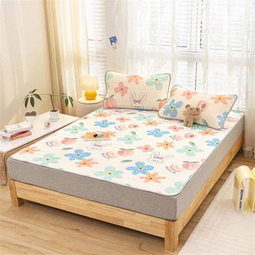 Odot Protector de Colchón Acolchado,Estilo Dibujos Animados Protector de Colchón Relleno de Látex Transpirable con 4 Bandas Elásticas + Funda de Almohada (Melocotón Rosa,180x200cm-3 Piezas)