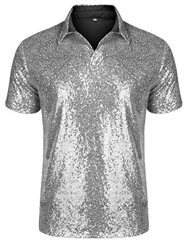 URRU Mens Relaxed Short Sleeve Turndown Sparkle Sequins Polo Shirts 70s Disco Nightclub Party T-Shirts Tops Silver XXXL