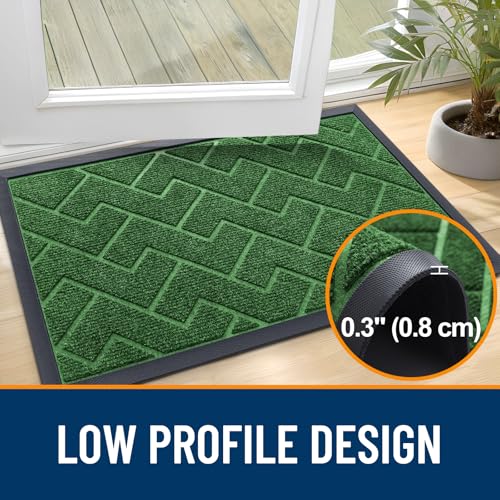 Image of OLANLY Front Door Mat Indoor Outdoor Entrance, Waterproof All-Season, All-Weather Doormat, Sturdy Natural Rubber, Low Profile, Easy Clean Patio Porch Entryway Mat, Herringbone Brick (Green, 47x17)