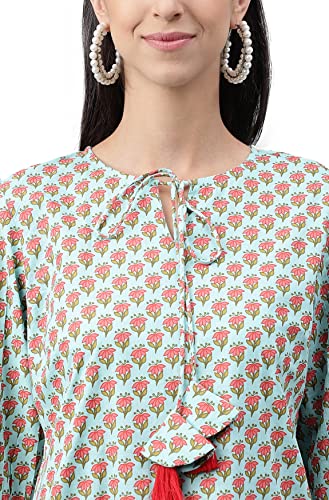 Image of Janasya Women's Light Green Cotton Floral Printed Regular Tunic