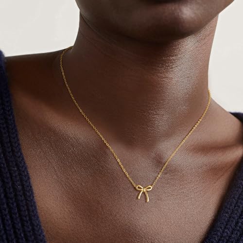 Gold Bow Necklace for Women, 14K Gold Plated Bowknot Pendant Choker Chain Necklace, Small Dainty Beaded Zircon Pearl Bow Necklaces Trendy Jewelry for Women2