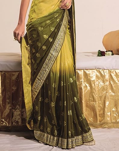 Image of SIRIL Women's Lace & Foil Printed Georgette Saree with Unstitched Blouse Piece(2826S473 Yellow, Olive Green)