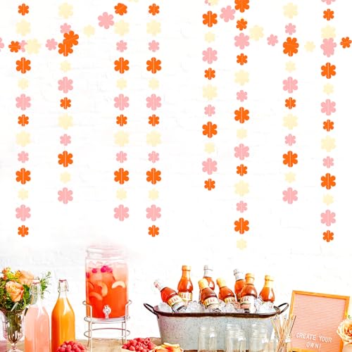 Image of Orange-Pink Fall Party-Decorations Streamers-Garland - 52ft Boho Flower Hanging Paper Banner, Groovy Birthday Baby Bridal Shower Bachelorette Wedding Engagement Thanksgiving Day HalloweenDecor Hugfond