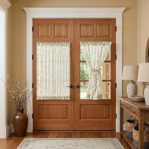 Image of jinchan Floral French Door Curtain Panel Farmhouse Decor Light Filtering Linen with Tie Up Bow for Glass Door or Patio 40 Inch Length Rod Pocket 1 Panel Green on Linen